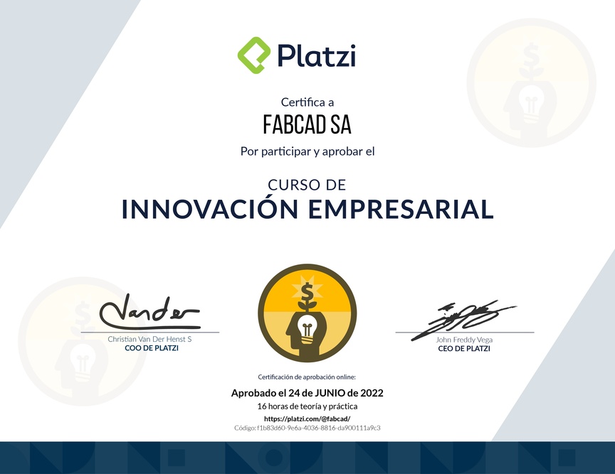 Diploma del Curso de Innovación Empresarial