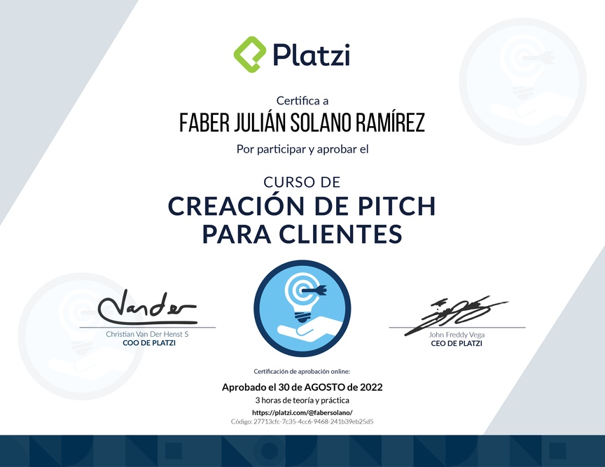 Diploma del Curso de Creación de Pitch para Clientes