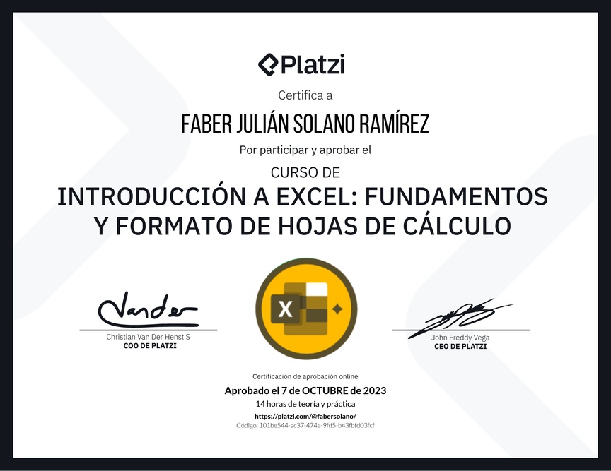 Diploma del Curso de Introducción a Excel para Principiantes: Fundamentos y Formato de Hojas de Cálculo