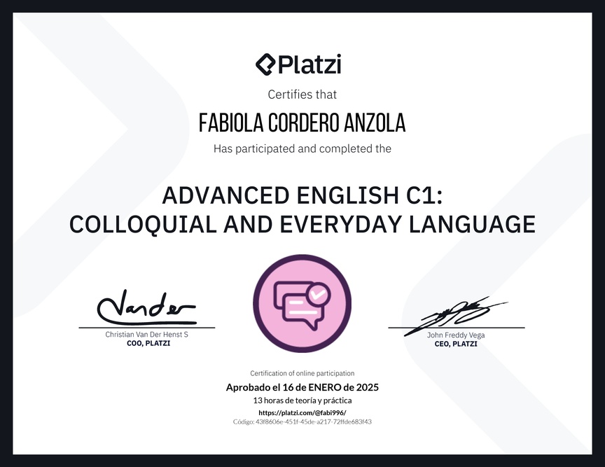 Diploma del Curso de Inglés Avanzado C1: Lenguaje Coloquial y Habitual