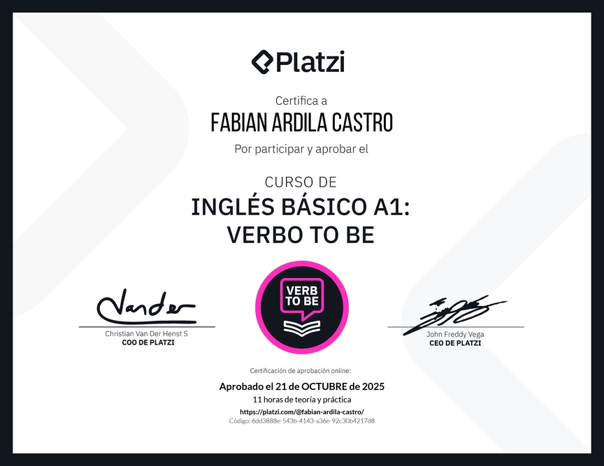 Diploma del Curso de Inglés Básico A1: Verbo To Be