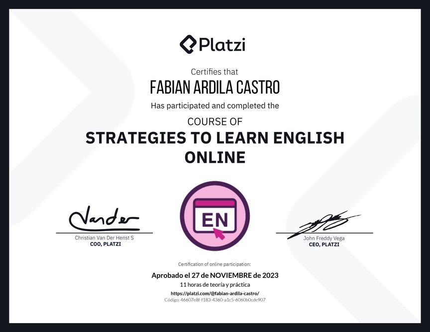 Diploma del Curso Gratis de Estrategias para Aprender Inglés en Línea