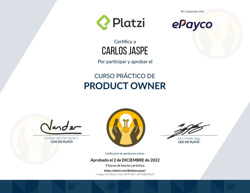 Diploma del Curso de Herramientas y Frameworks Intermedias para Product Owners