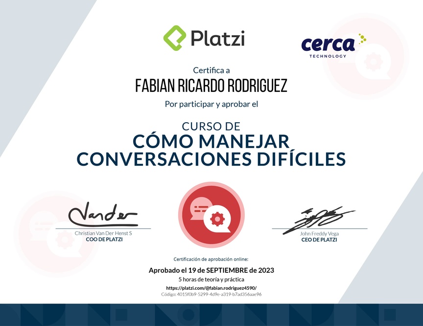 Diploma del Curso de Cómo Manejar Conversaciones Difíciles con Clientes