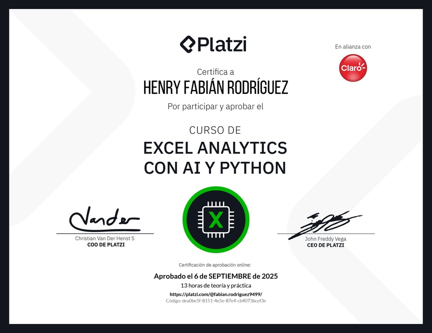 Diploma del Curso de Excel Analytics con AI y Python