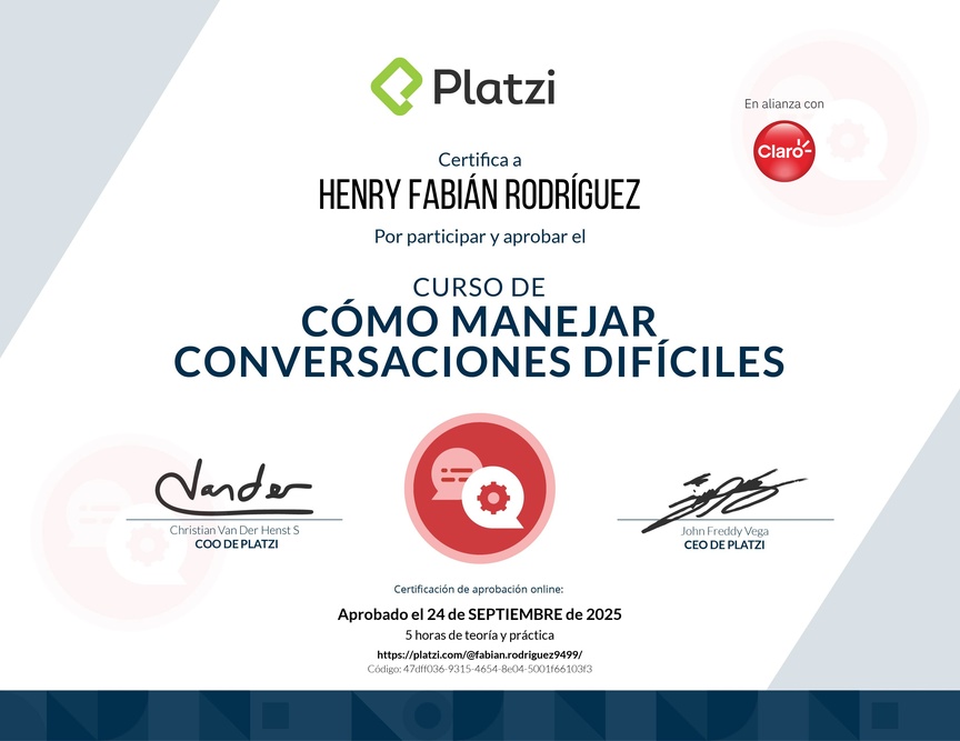 Diploma del Curso de Cómo Manejar Conversaciones Difíciles con Clientes
