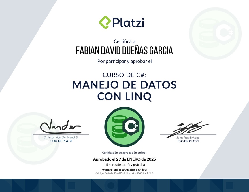 Diploma del Curso de Manejo de Datos en C# con LINQ