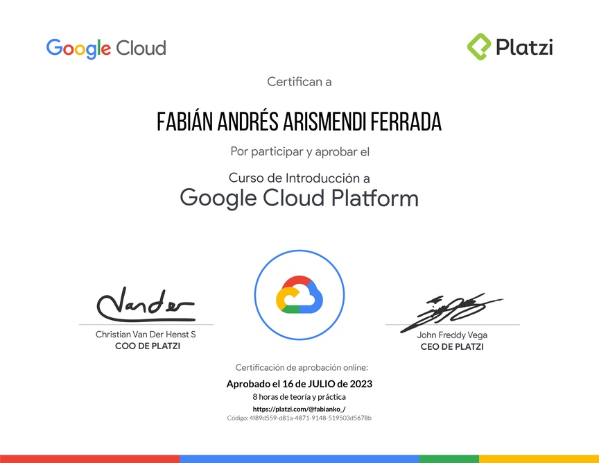 Diploma del Curso de Introducción a Google Cloud Platform