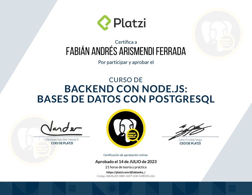 Diploma del Curso de Backend con Node.js: Base de Datos con PostgreSQL