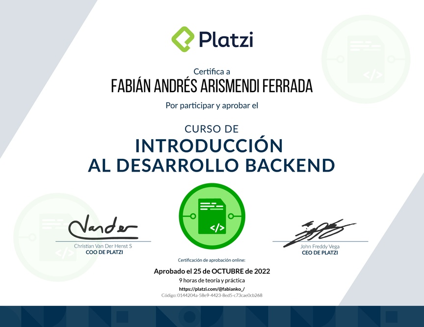 Diploma del Curso de Introducción al Desarrollo Backend