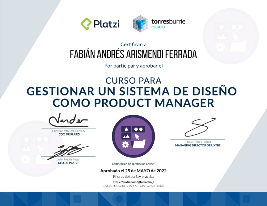 Diploma del Curso para Gestionar un Sistema de Diseño como Product Manager
