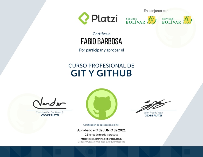 Diploma del Curso Profesional de Git y GitHub
