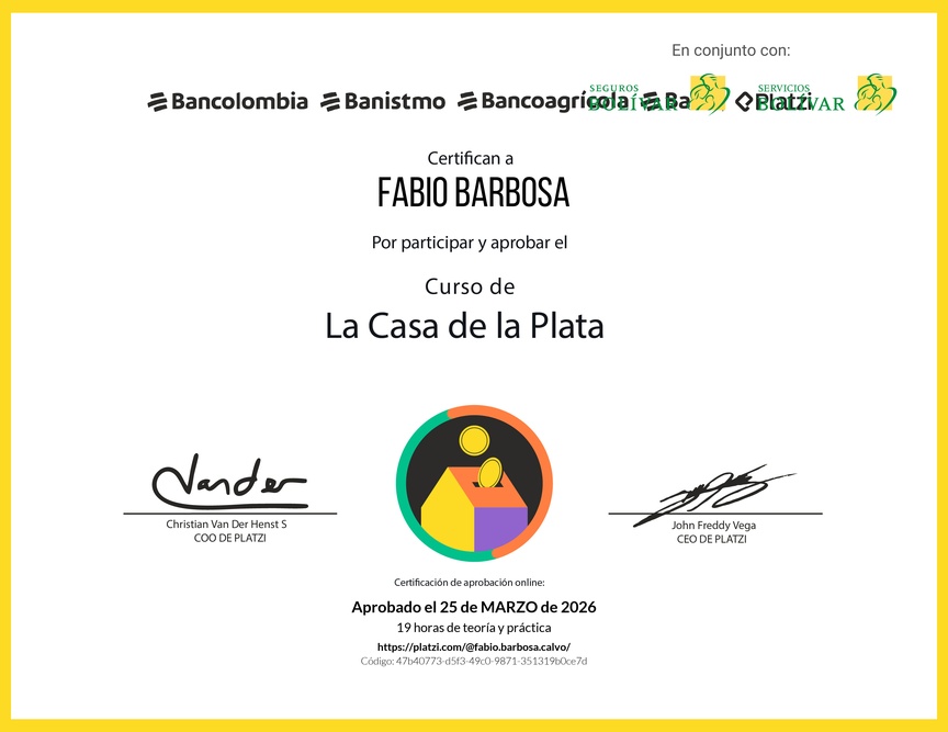 Diploma del Curso La Casa de la Plata Grupo Bancolombia
