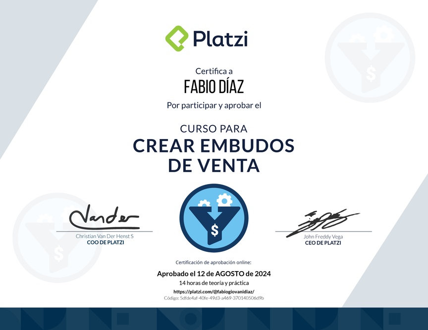 Diploma del Curso de Creación y Optimización de Embudos de Venta (2022)