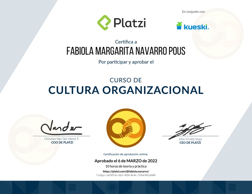 Diploma del Curso de Cultura Organizacional para Diagnosticar y Potenciar el Desarrollo de tu Empresa