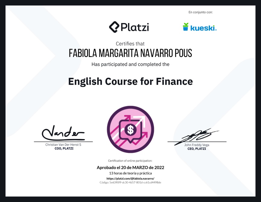 Diploma del Curso de Inglés para Finanzas (2020)