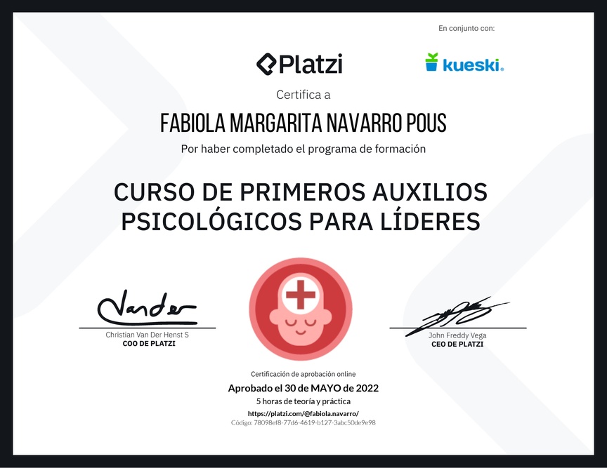 Diploma del Curso de Primeros Auxilios Psicológicos para Líderes