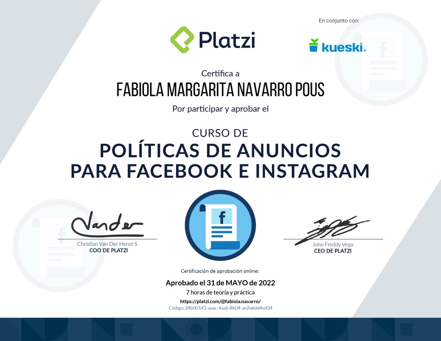 Diploma del Curso de Políticas de Anuncios en Facebook e Instagram