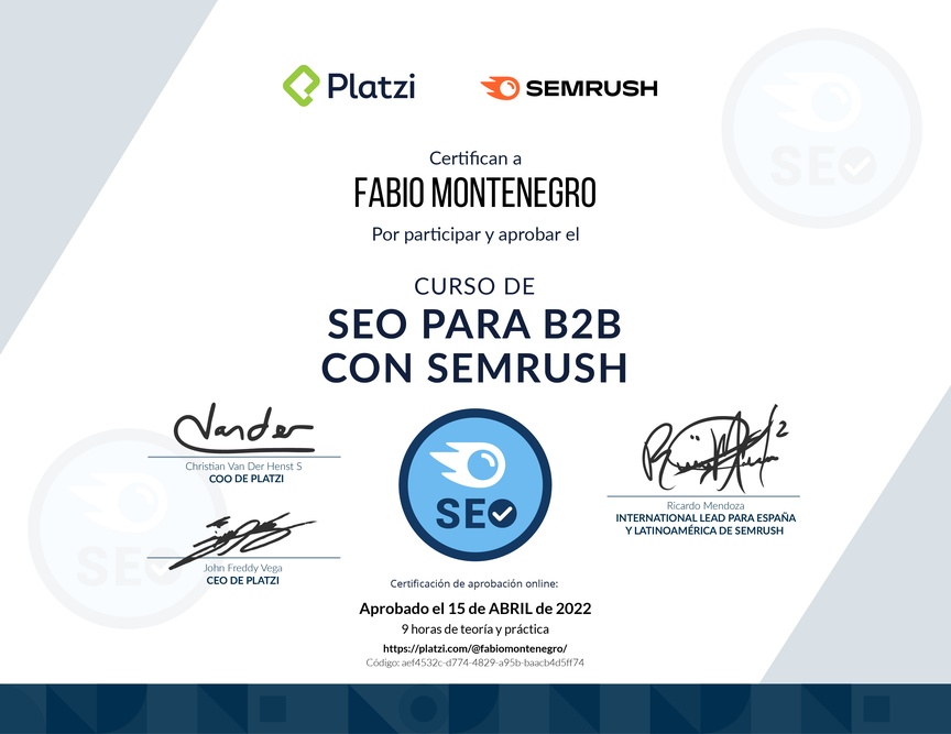 Diploma del Curso de SEO para B2B con Semrush