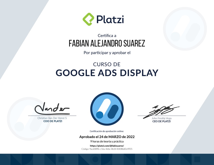 Diploma del Curso de Optimización de Campañas con Google Ads Display