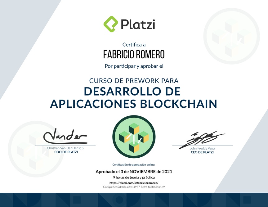 Diploma del Curso de Prework para Desarrollo de Aplicaciones Blockchain 2021