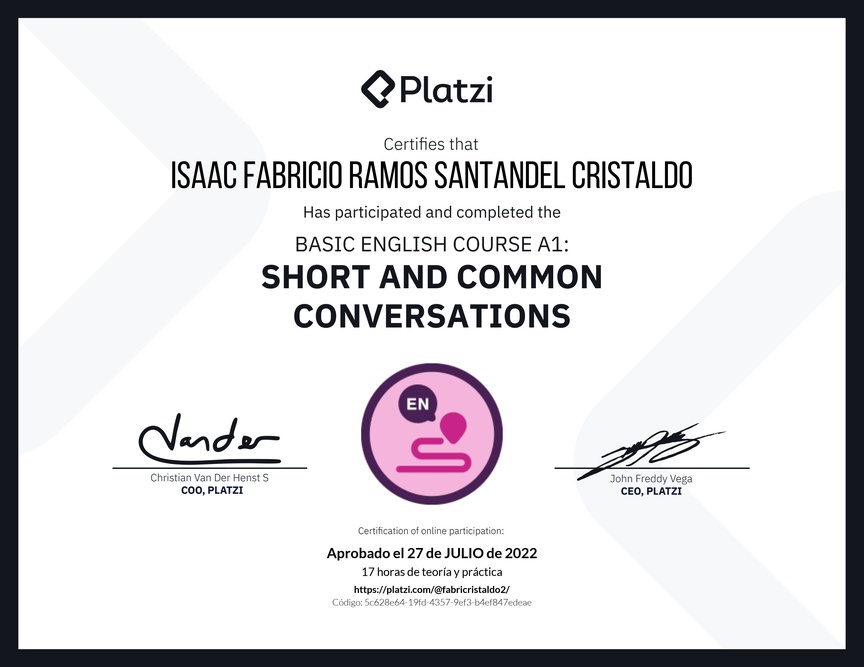 Diploma del Curso de Inglés Básico A1: Conversaciones Cortas y Habituales (2020)
