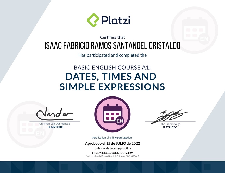 Diploma del Curso de Inglés Básico A1: Fechas, Horas y Expresiones Simples