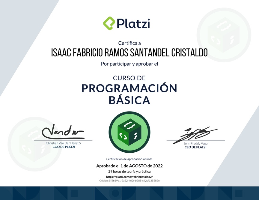 Diploma del Curso Gratis de Programación Básica 2022