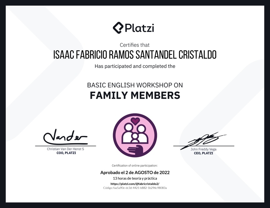 Diploma del Curso de Inglés Práctico sobre los Miembros de la Familia