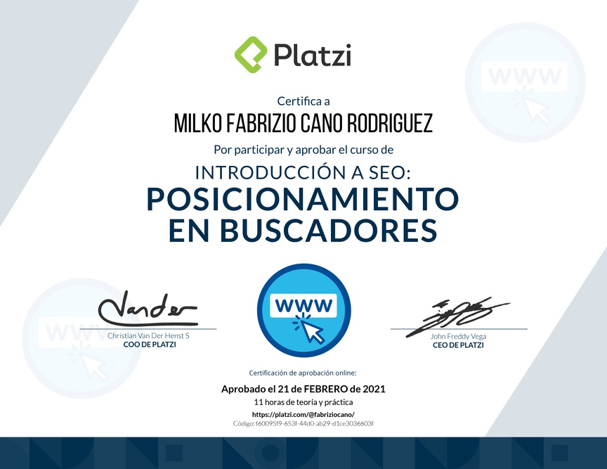 Diploma del Curso de Introducción a SEO: Posicionamiento en Buscadores