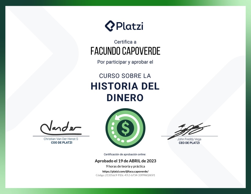 Diploma del Curso Sobre la Historia del Dinero