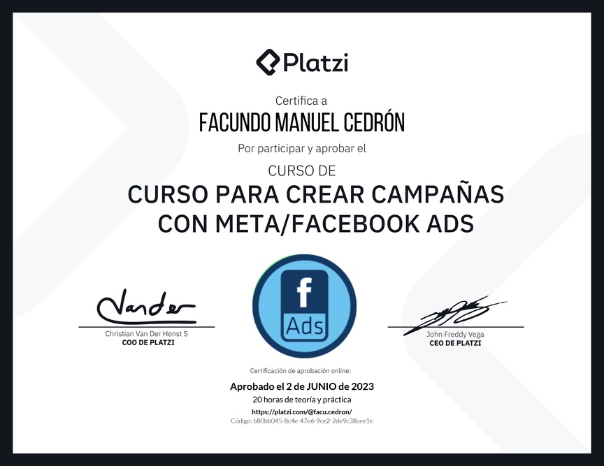 Diploma del Curso para Crear Campañas con Meta/Facebook Ads