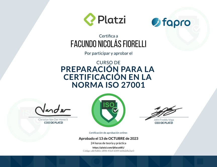 Diploma del Curso de Preparación para la Certificación en la Norma ISO 27001 (2020)