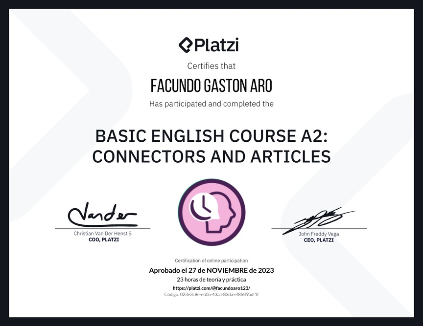 Diploma del Curso de Inglés Básico A2: Conectores y Artículos