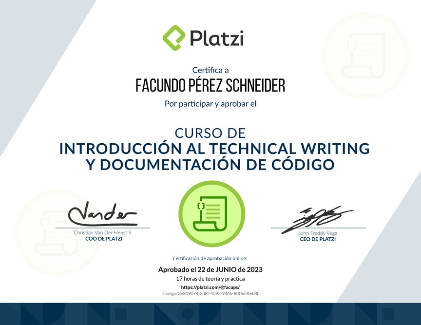 Diploma del Curso de Introducción al Technical Writing y Documentación de Código