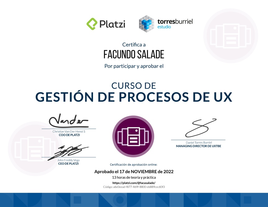 Diploma del Curso de Gestión de Procesos UX