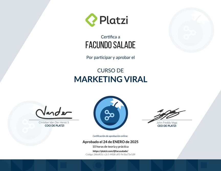 Diploma del Curso de Creación de Contenido Viral para Marketing con Jonah Berger