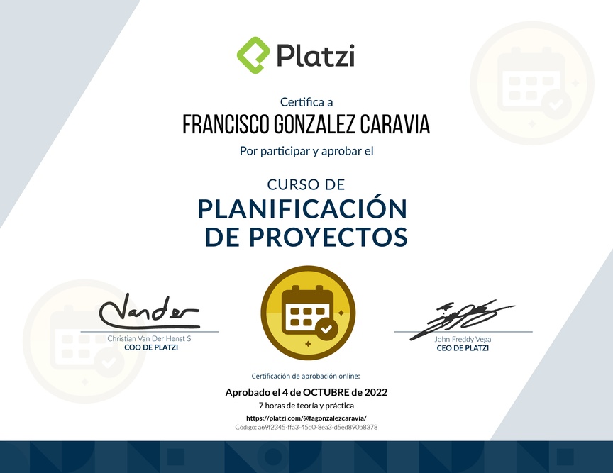 Diploma del Curso de Gestión para Planificar, Definir e Identificar Riesgos de un Proyecto