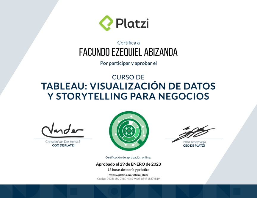 Diploma del Curso de Tableau: Visualización de Datos y Storytelling para Negocios