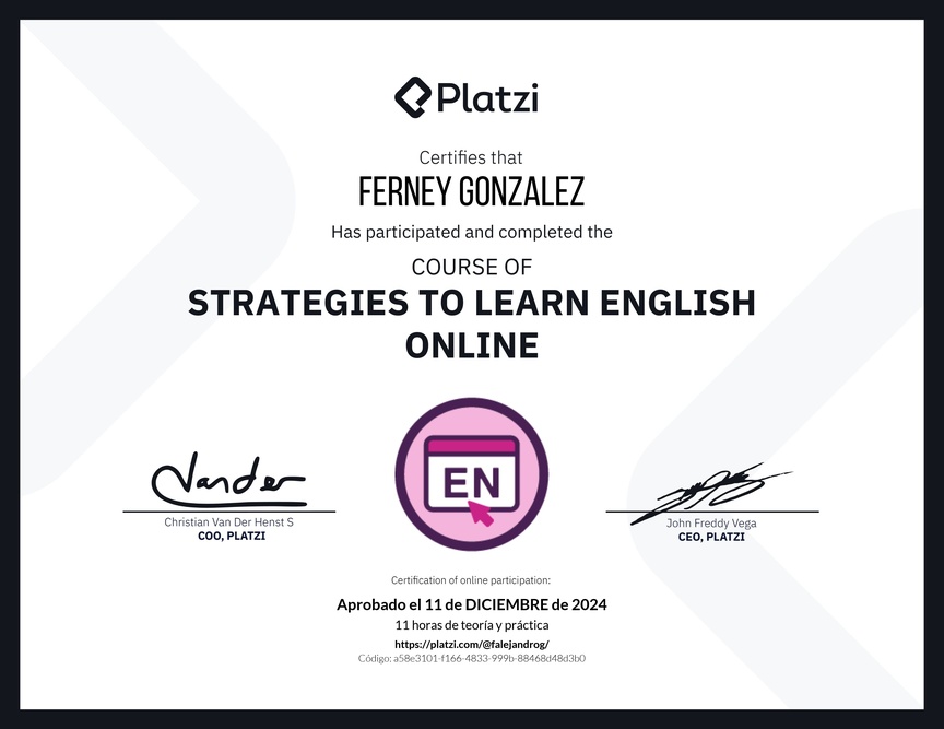 Diploma del Curso Gratis de Estrategias para Aprender Inglés en Línea