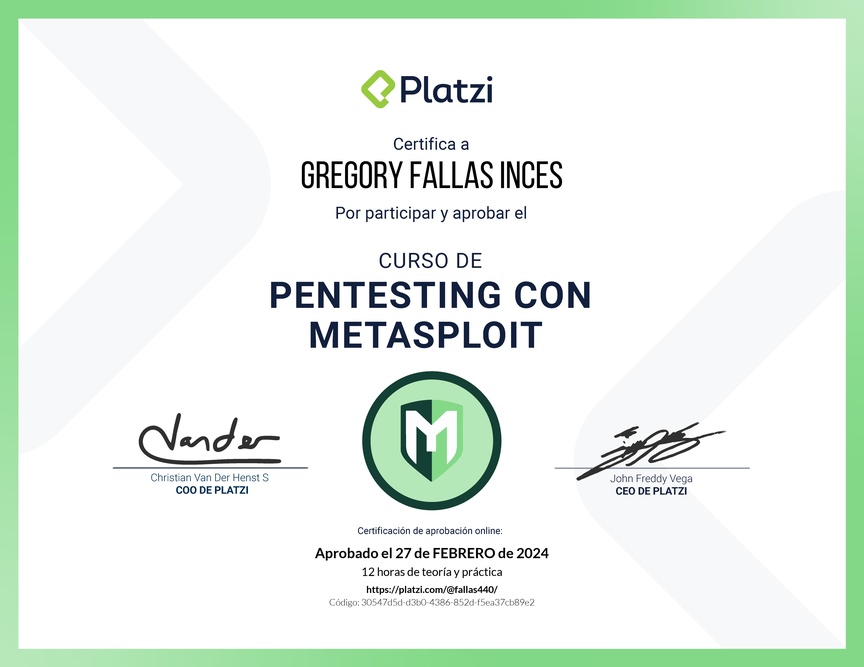 Diploma del Curso de Hacking: Pentesting con Metasploit