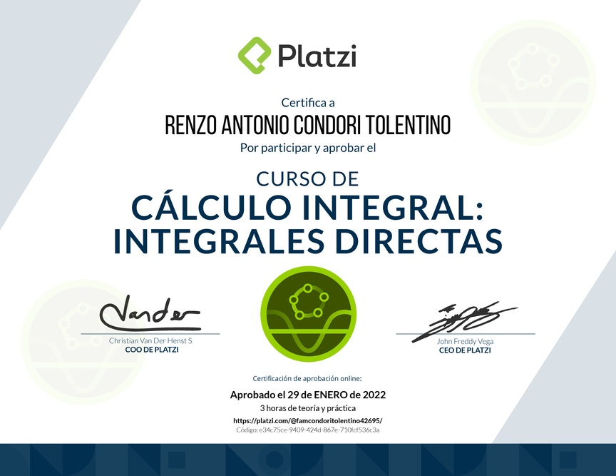 Diploma del Curso de Cálculo Integral: Integrales Directas