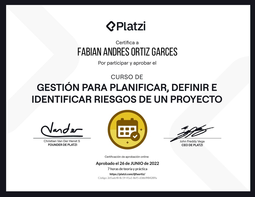 Diploma del Curso de Gestión para Planificar, Definir e Identificar Riesgos de un Proyecto