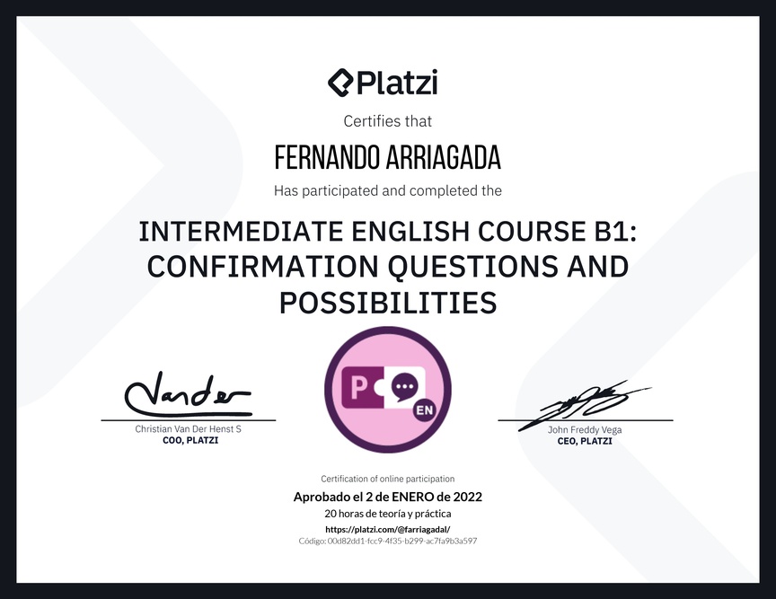 Diploma del Curso de Inglés Intermedio B1: Preguntas de Confirmación y Posibilidades