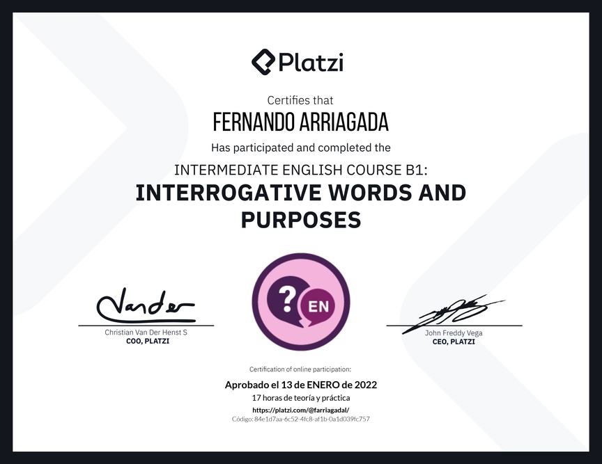 Diploma del Curso de Inglés Intermedio: Palabras Interrogativas y Propósitos (2021)
