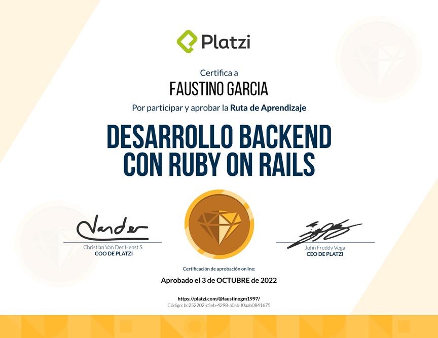 Diploma de la Ruta de Aprendizaje de Desarrollo Web Backend con Ruby on Rails