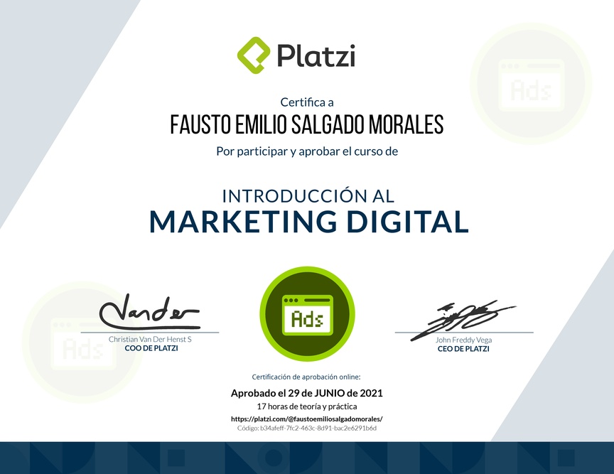 Diploma del Curso de Introducción al Marketing Digital (2018)