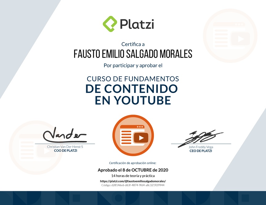 Diploma del Curso de Fundamentos de Contenido de YouTube