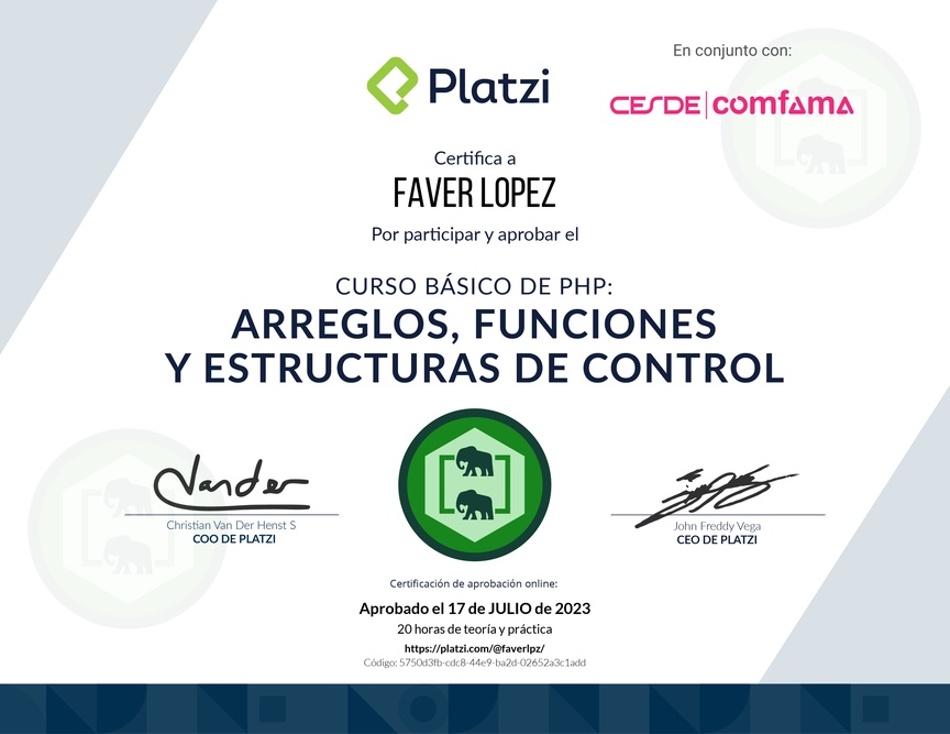 Diploma del Curso de PHP: Arreglos, Funciones y Estructuras de Control