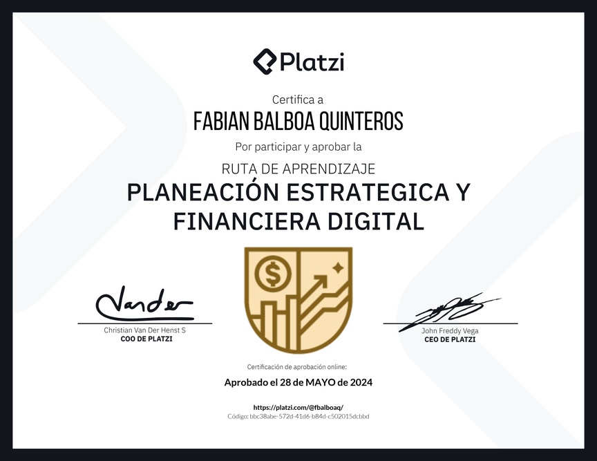 Diploma de la Ruta de Aprendizaje de Planeamiento Estratégico y Financiero Digital